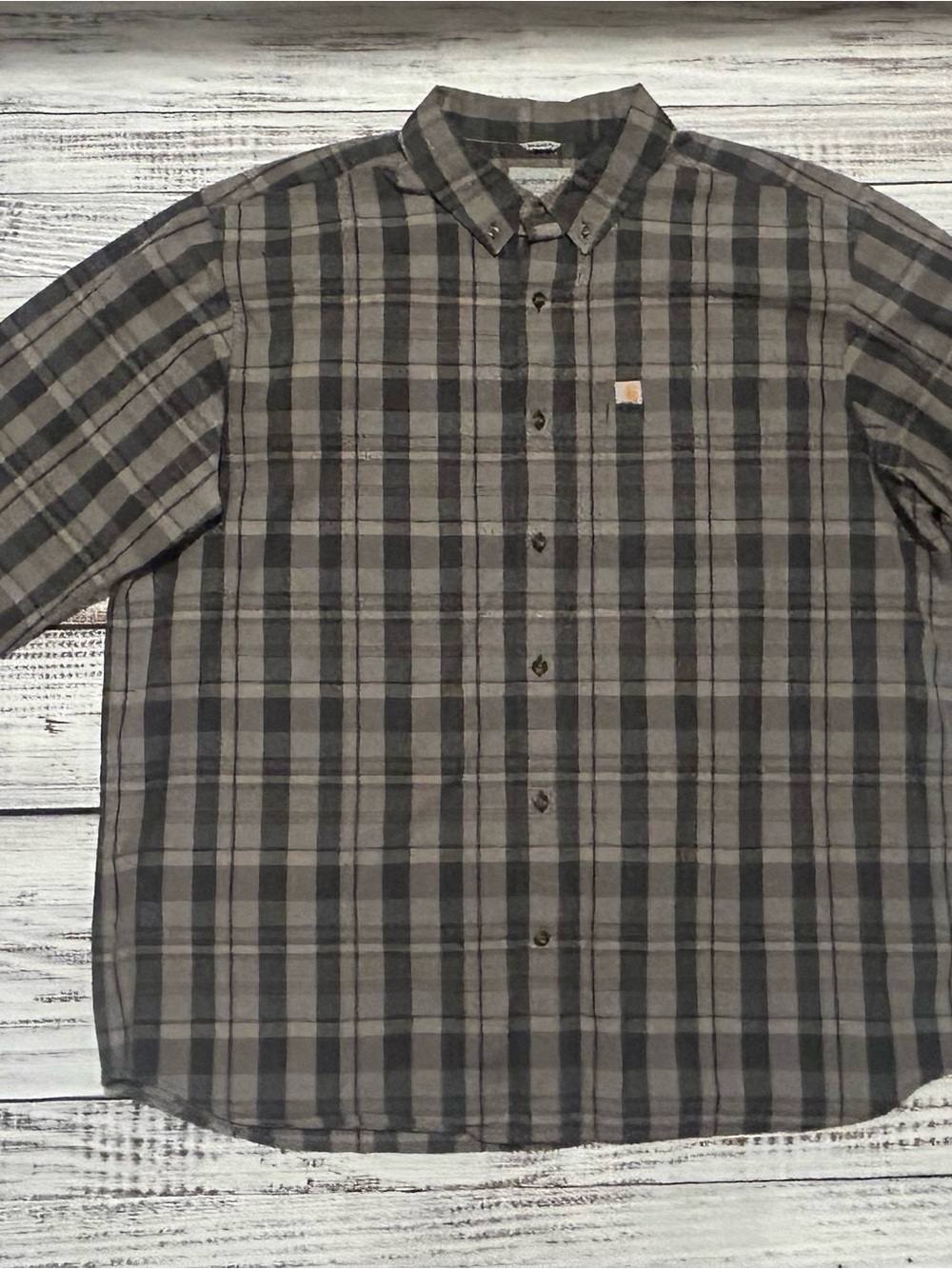 Carhartt Men's Gray and Black Plaid Button-Down Shirt